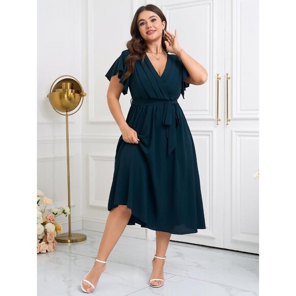 Plus Size Women’s Wedding Guest Dress Polyester V Neck Pleated A Line - Picture 2 of 7